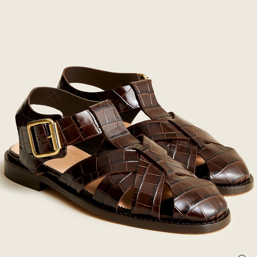 J. Crew Winona Fisherman Sandals in Croc-Embossed Leather Dark Brown 10 NWB